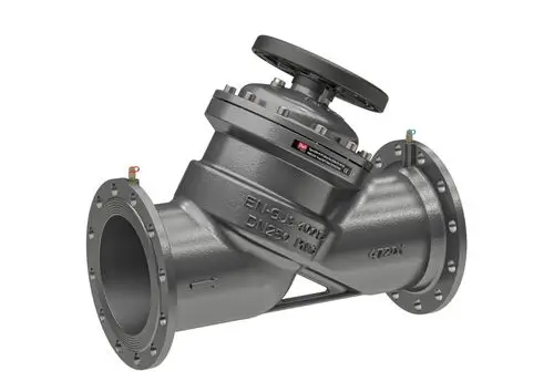 Danfoss Regelventil, grau, mit Flanschen und Messnippel; für den Einsatz in Rohrleitungen zur Regulation und Messung des Durchflusses.